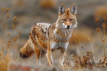 Fototapeta premium A Ethiopian wolf trotting across the highlands, its slender, reddish body and pointed ears keenly alert to its surroundings. 