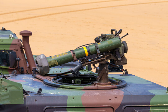 Armored vehicles mounted anti-tank missile launcher Spike close up. Maritime defense patrol 