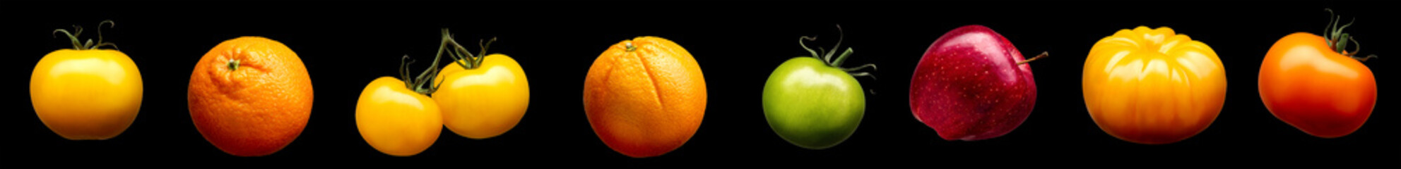 Set of tomatoes. oranges and apples isolated on black background