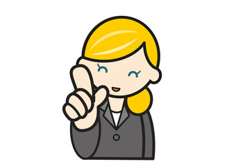 笑顔の指さしポーズの金髪外国人女性