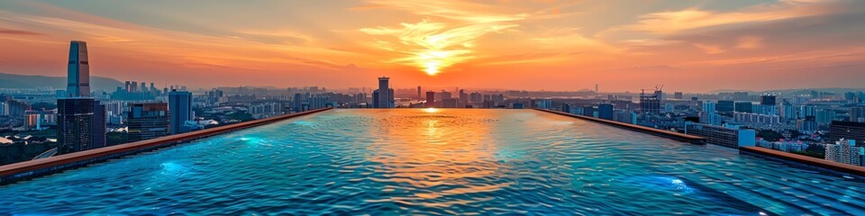 Fototapeta premium Infinity pool facing a sprawling urban landscape, sunset, skyscrapers glowing in warm light, elegant and tranquil