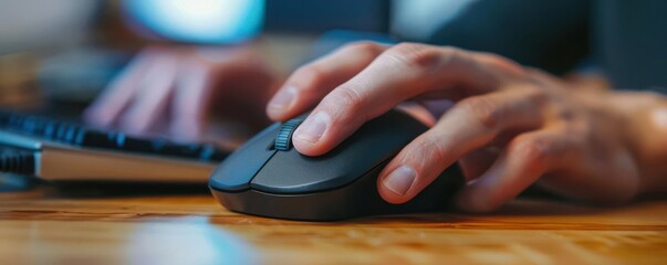 Close-up of a hand using a computer mouse on a wooden desk, with a keyboard in the background. Focus on technology and work efficiency.