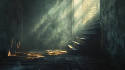 Sunlight beams cutting through dusty air in dim staircase room