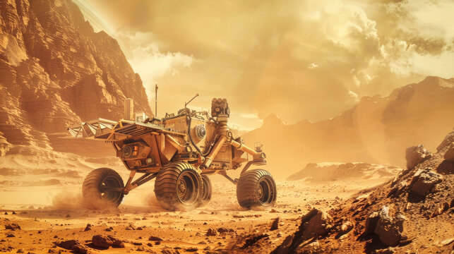 A futuristic robot rover on Mars surface