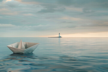 Obraz premium A lone paper boat navigating a vast, calm sea toward a distant lighthouse