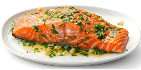 Baked salmon with garlic and herbs served on a white plate, isolated on a white background. Concept Food Photography, Salmon Dish, Culinary Art, White Background, Seafood Presentation