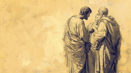 Apostle John Comforting Persecuted Christians - Words of Hope - Biblical Illustration on Beige Background - Copyspace