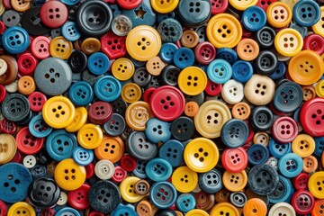 Fototapeta premium Colorful Assortment of Sewing Buttons in Blue, Yellow, and Red Hues