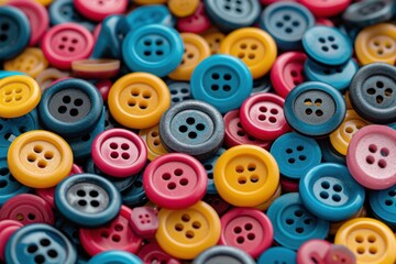 Fototapeta premium Colorful Assortment of Sewing Buttons in Blue, Yellow, and Red Hues