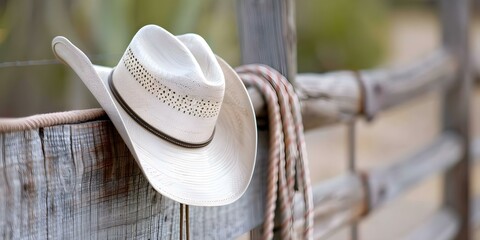 Cowboy hat and lasso displayed on a rustic wooden ranch fence. Concept Western Theme, Cowboy Gear, Ranch Aesthetics, Rustic Decor, Country Style