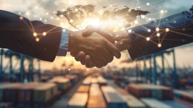 businessman shaking hands with two people for mutually beneficial business cooperation in the field of logistics transportation. AI generated images
