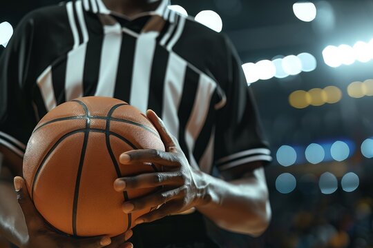 Close-up of a basketball referee holding a ball during a match with blurred stadium lights in the background.