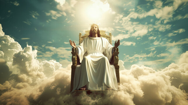 Jesus Chirist sitting on a throne in heaven, surrounded by white clouds