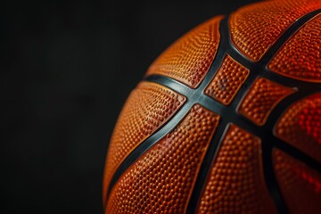 Close-up of a textured basketball with an intense spotlight, highlighting the details of the ball's surface against a dark background.