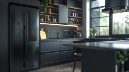Closeup of a black matte refrigerator with smart features, modern kitchen with island