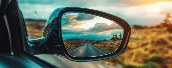 Closeup of a car mirror reflecting a scenic landscape, road trip journey, vibrant and sharp photo