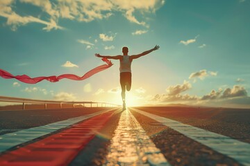 A runner crosses the finish line, arms raised in victory. The sun sets in the background, casting a golden glow over the scene.