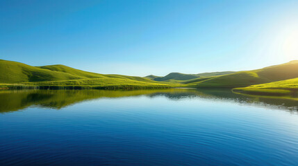 Fototapeta premium Closeup of a tranquil lake reflecting a clear blue sky, surrounded by green hills, sunlight casting a warm glow