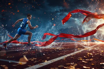 A runner crosses the finish line in a race, with a time of 9.58 seconds.