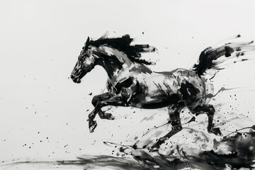 Black horse traditional Chinese ink painting on white background.  © cindy