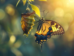 A butterfly emerges from its chrysalis, spreading its wings to dry in the sunlight.