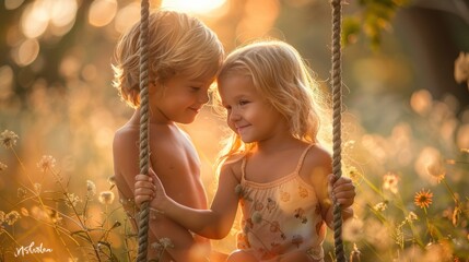 Happy young boy pushing a young girl on a tree swing.
