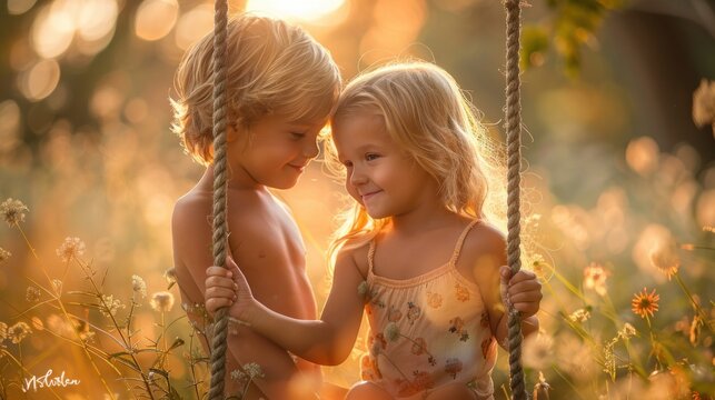 Happy young boy pushing a young girl on a tree swing.