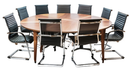 Fototapeta premium Round table meeting room with chairs, each chair with realistic textures, transparent background