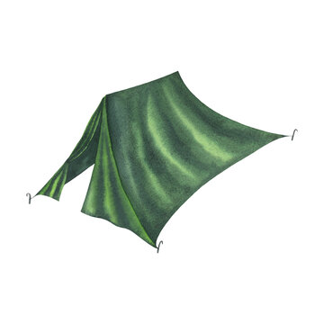 Green vintage tourist tent for recreation and travel, camping. Watercolor hand drawn illustration isolated on a white background. Clipart for postcards, stickers. Forest camp, mountain equipment for