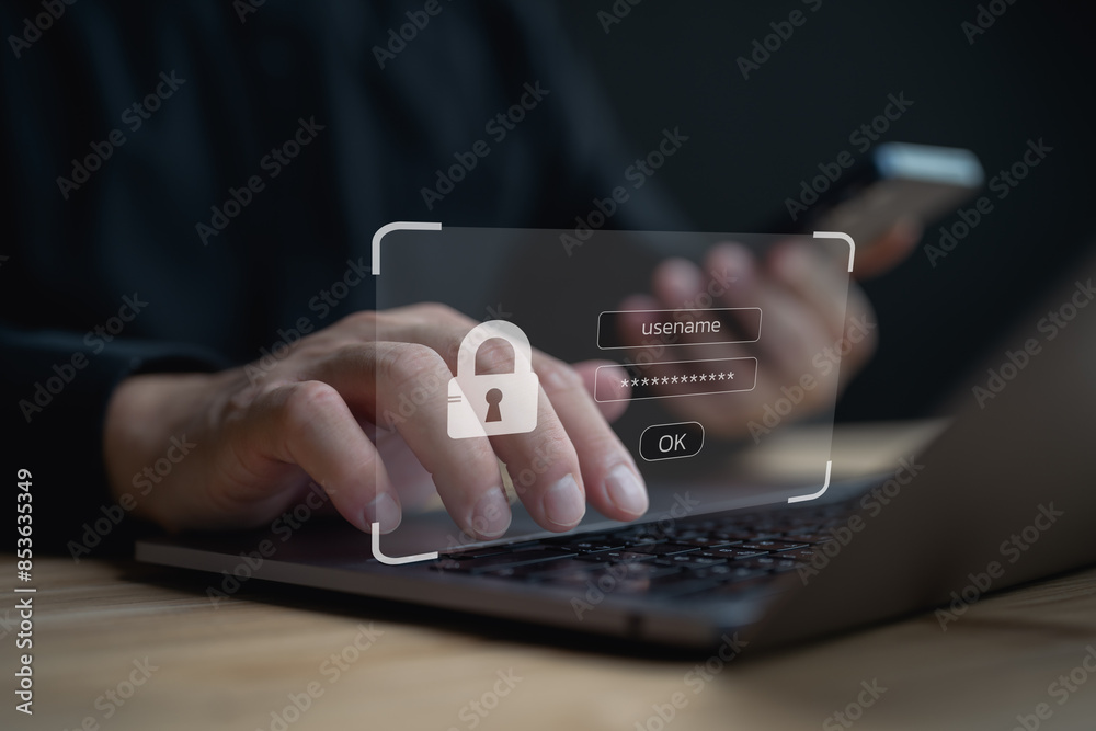 Poster Cybersecurity and privacy concepts to protect data. Lock icon and internet network security technology. Businessman protecting personal information data on laptops, secure, password, privacy, access.