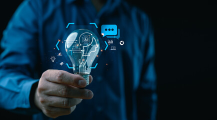 Ai tech, businessman show virtual graphic Global Internet connect with AI data analyst, Artificial...