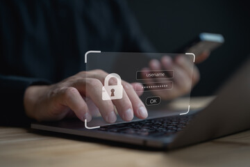 Cybersecurity and privacy concepts to protect data. Lock icon and internet network security technology. Businessman protecting personal information data on laptops, secure, password, privacy, access.
