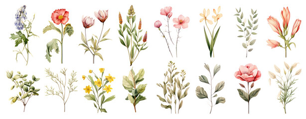 different botanicals florals vintage elements. Branches, leaves, herbs, wild plants, flowers. Garden, meadow, feild collection leaf, foliage, branches. Bloom vector illustration cut out