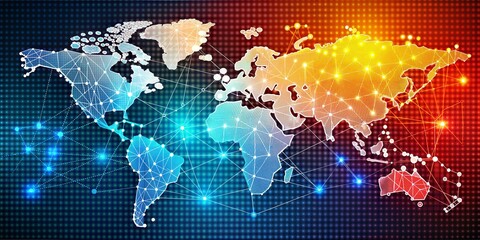 Symbolic image of a world map as a technological abstract background on the theme of globalization and digital communication.