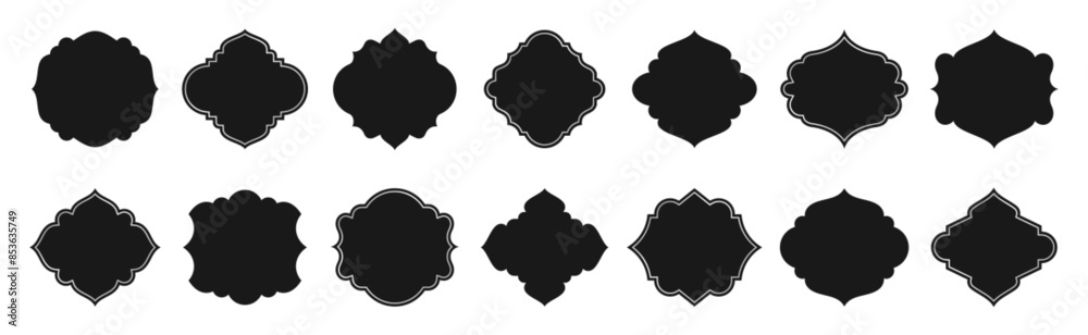 Wall mural traditional islamic window shapes set. black silhouette eid mubarak decorative arches, arabic mosque