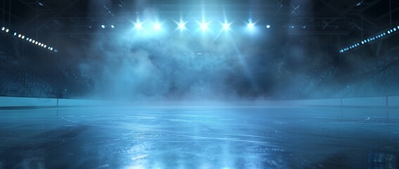Empty ice hockey rink with bright lights and fog on the ice awaiting a game or event. Cold atmosphere with blue tones.