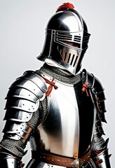 A battle-worn knight standing amid a battlefield, his armor dented and sword drawn.
