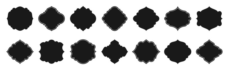 Traditional islamic window shapes set. Black silhouette eid mubarak decorative arches, arabic mosque borders or moroccan oriental decor isolated on white background. Muslim architecture Ramadan frames