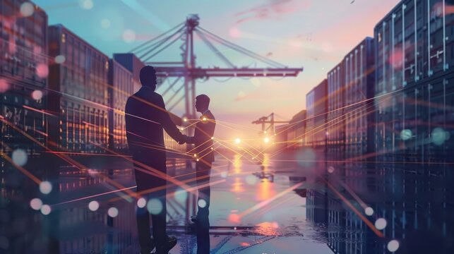 businessman shaking hands with two people for mutually beneficial business cooperation in the field of logistics transportation. AI generated images