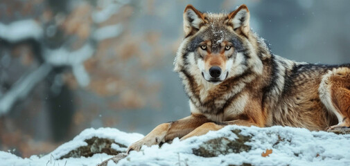Obraz premium wolf lying on the rock at winter