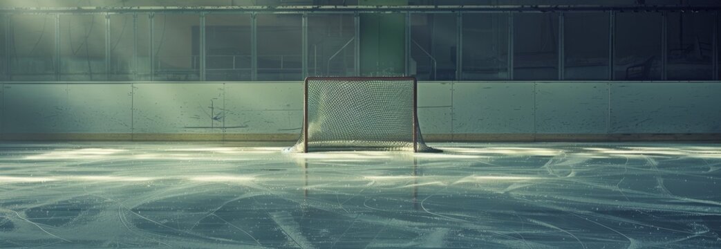 Empty ice hockey rink with sunlight streaming through, creating shadows and reflections on the ice. Perfect for winter sports and recreation themes.