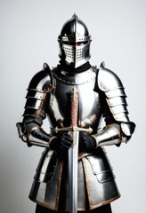 A battle-worn knight standing amid a battlefield, his armor dented and sword drawn.