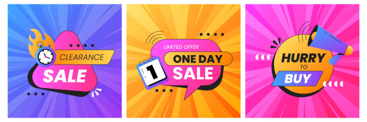 Square last time offer or hot sales banners in vibrant colors. One day sale promo covers with stopwatch and megaphone icon. Discount promotion poster template for social media, online shopping website