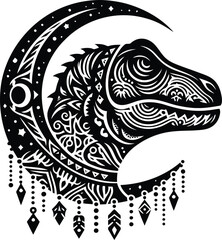 tyrannosaurus in silhouete with bohemian nature pattern illustration
