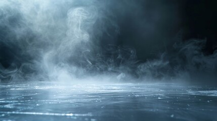 Misty and smoky atmosphere over a smooth reflective surface, creating a mysterious and ethereal ambiance.