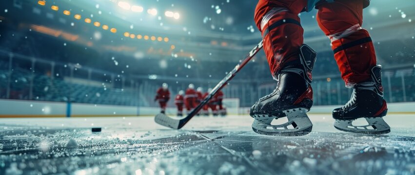 Ice hockey players in action on rink with puck, skates, and gear. Focus on legs in foreground under bright stadium lights.