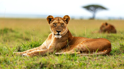 Obraz premium capture lion lying on grass in savannah