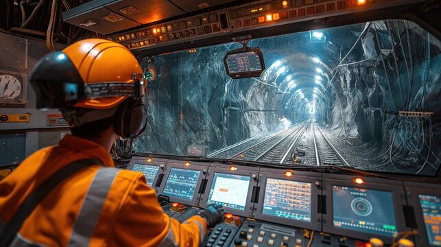 Operator Controlling Tunnel Boring Machine in Tunnel. Operator in safety gear monitors controls of a tunnel boring machine inside an illuminated tunnel with complex machinery.