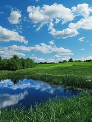 Serene Grass Field and Reflective Pond in Natural Tranquility