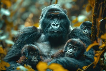 Obraz premium A family of mountain gorillas sitting in a dense forest, the silverback watching protectively over his group while young gorillas play nearby.